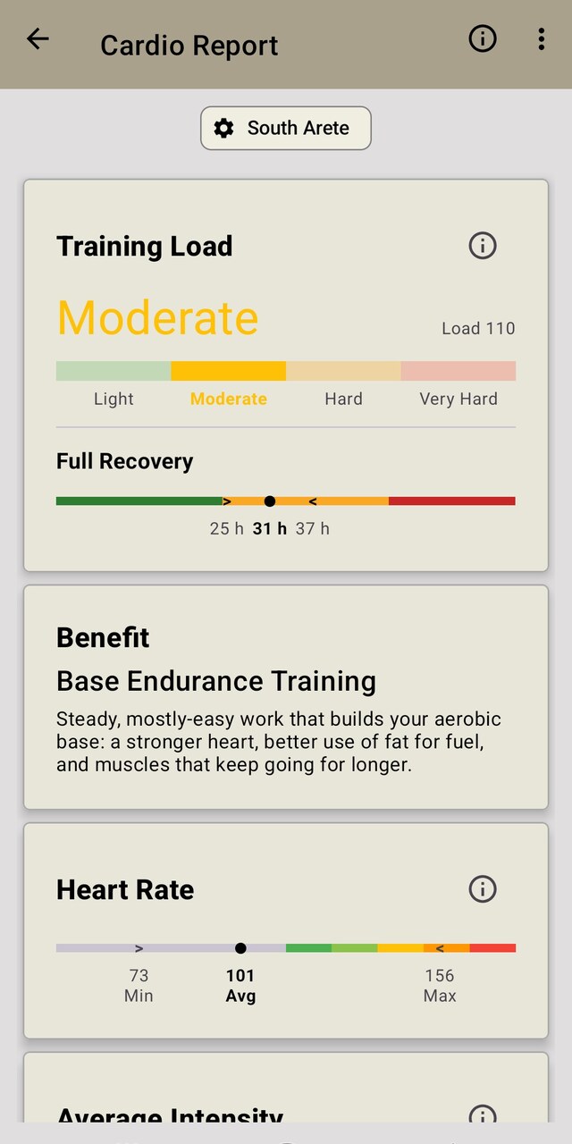 Ibex app cardio report showing training load, recovery time and heart rate range for a session