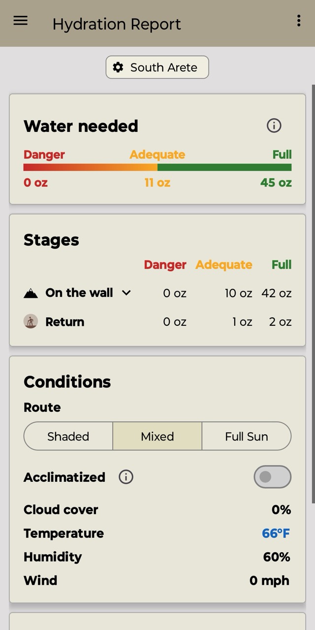 Ibex Hydration Report showing a water-needed gauge from Danger to Full, a stage breakdown, and session conditions including temperature, humidity and sun exposure