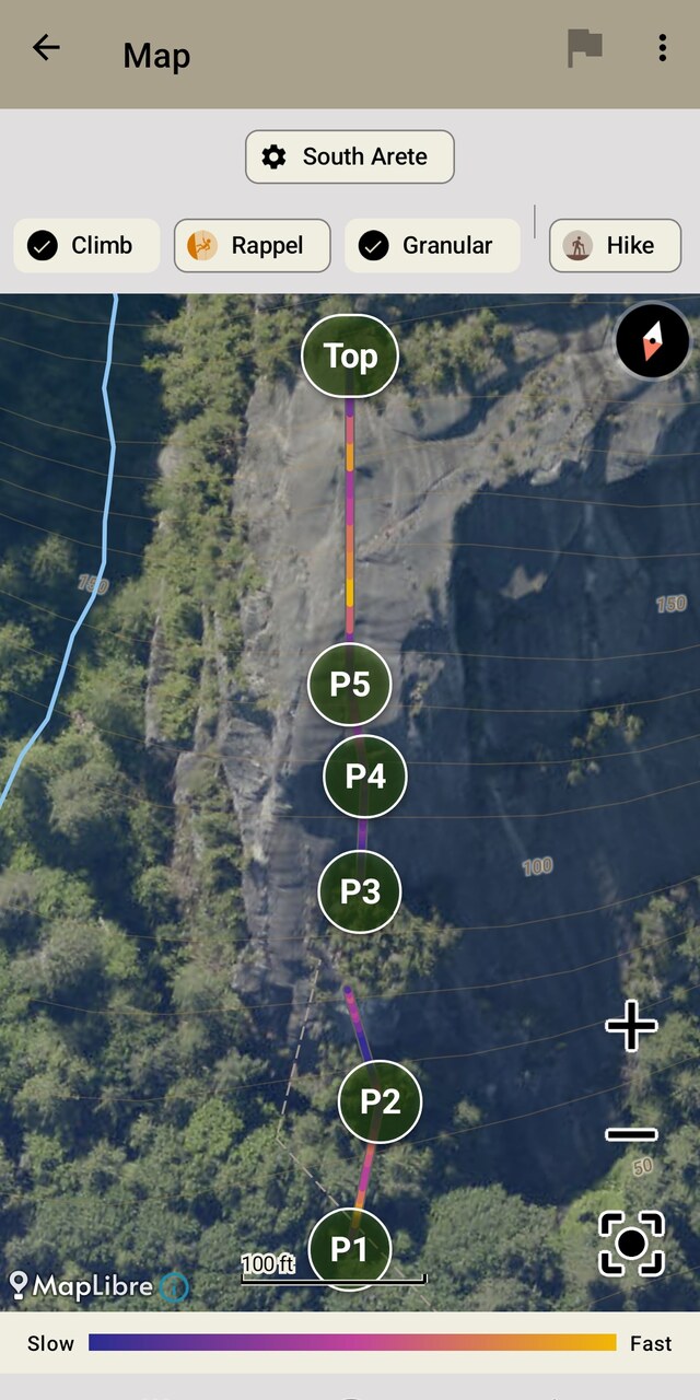 Ibex app map view showing the climbing route plotted on a satellite image, colored by speed, with pitch markers P1 through Top