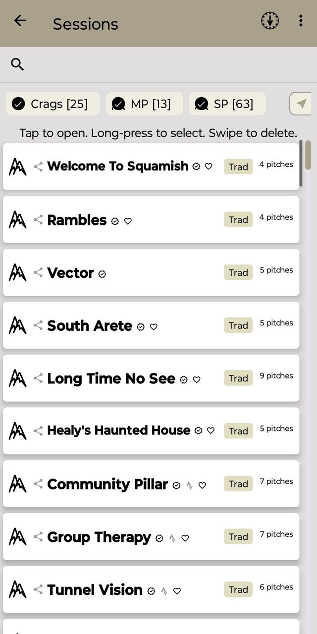 Ibex app sessions list showing past climbing days by route, with pitch counts