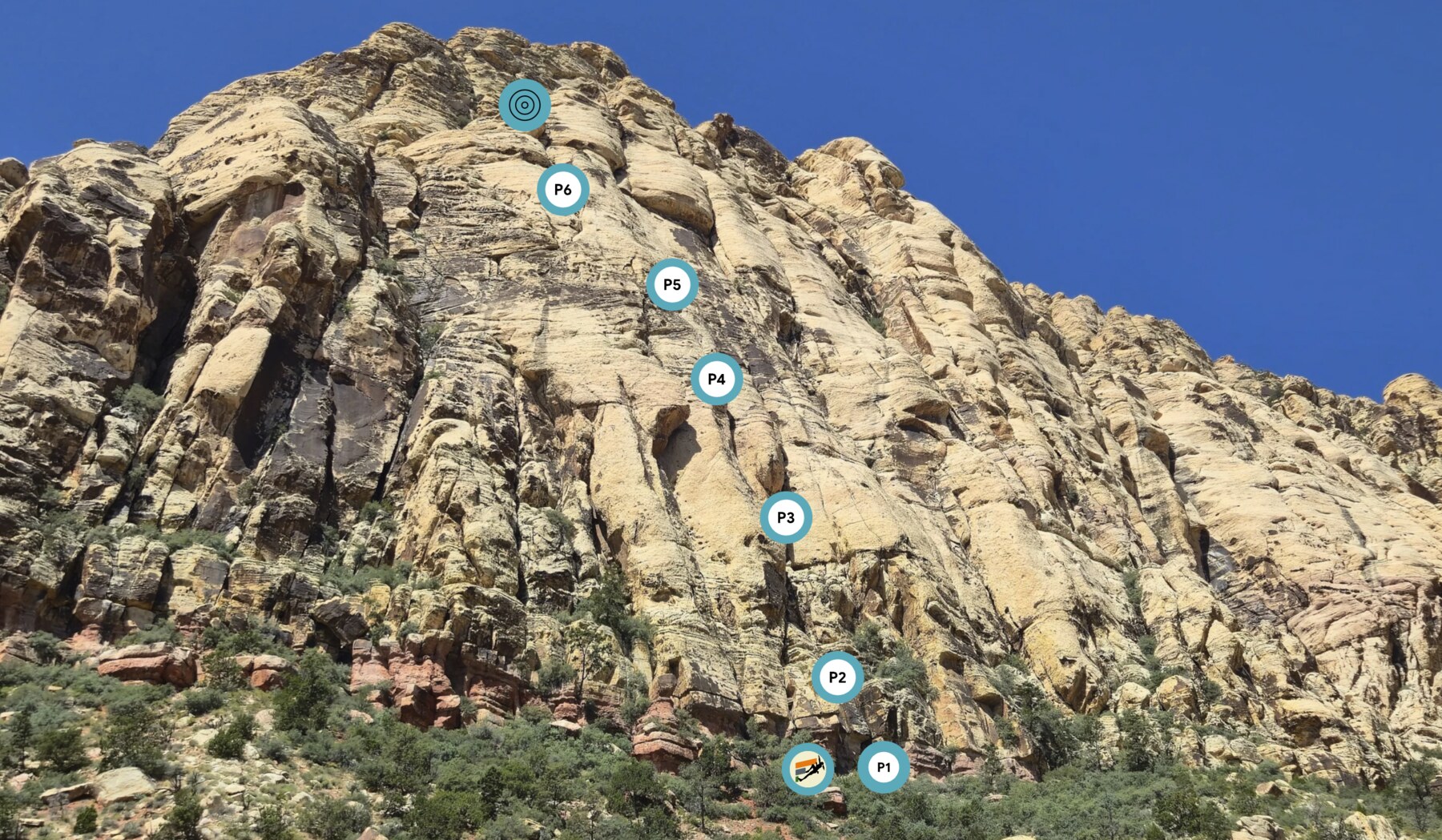 Tunnel Vision topo showing all six pitches marked on the rock face, from the start to the summit